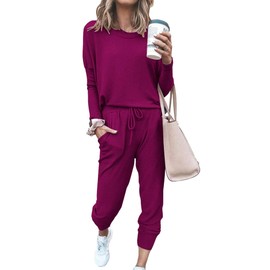 PRETTYGARDEN Women's Fall 2 Piece Lounge Outfit Long Sleeve Crewneck Pullover Tops High Waisted Pants Set Tracksuit (Purple,X-Large)