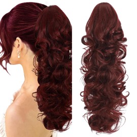 Claw Clip Wine Red Ponytail Extension for Women Long Wavy Pony Tails Hair Extensions Fluffy Natural Looking 24 Inch hair extensions ponytail for Daily Use