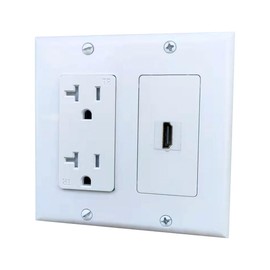 BUPLDET 20Amp Power Outlet with 1 HD Video/Audio Port Wall Plate - 2 Gang Electrical Wall Outlet with HDTV Keystone Jack Cover Plate for TV Mount - White