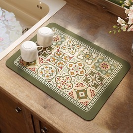 Lilithmanor Coffee Mat, Boho Style Dish Drying Mat, Fast Water Absorption, Hide Stains, Easy to Clean, Fit Coffee Bar Accessories, Bar Mats for Countertop (19.7"x23.6", Green)