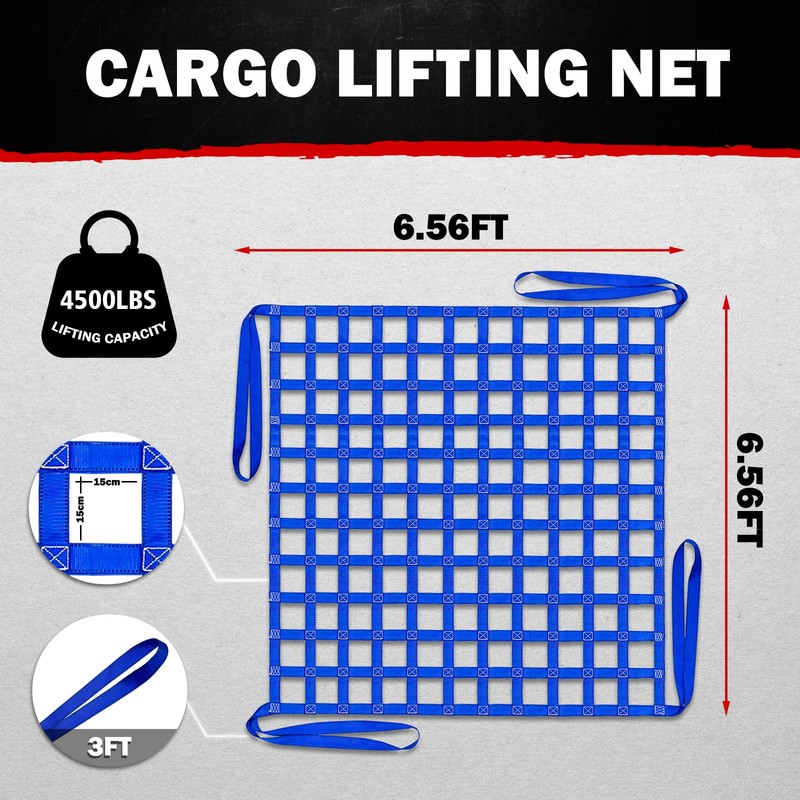 FITHOIST Cargo Lifting Net 4400LBS, 6.56'x6.56' Safety Lifting Net Straps