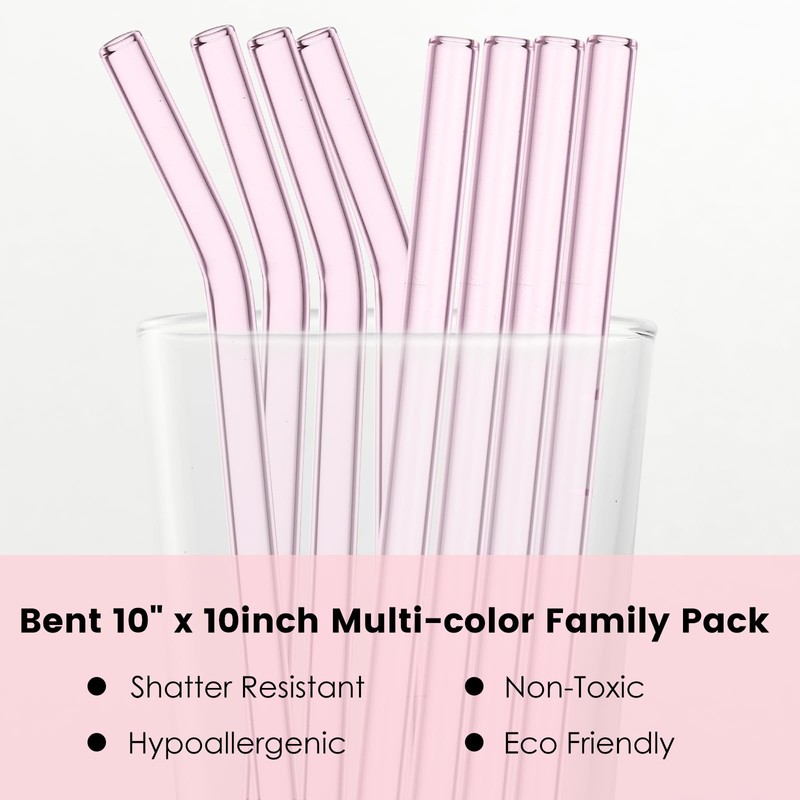 Aokdlia® Pink Glass Straws,Reusable Straws - 8 Pack of Reusable