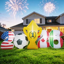 Inflables de la Copa Mundial 2026 de 2.3 m con luces LED - Decoraciones de fútbol para el jardín con banderas y trofeo, decoración inflable con luces 