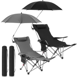 Yuntau 2 Set Reclining Camping Chair with Umbrella Clamp, Adjustable Beach Chair with Foot Rest, SPF 50+, Folding Shade Camping Lounger Recliner for Adult Outdoor(Grey, Black,Oxford)
