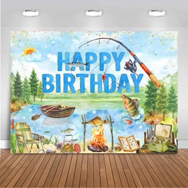 Mocsicka Gone Fishing Backdrop Boys Gone Fishing Happy Birthday Banner Ofishally One Fishing Theme Birthday Party Decorations for Kids Men Hunting Fishing Party Supplies (7x5ft (82x60 inch))