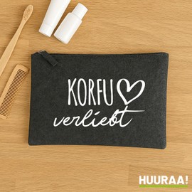 Huuraa Kulturbeutel Korfu verliebt Geschenk 1 Liter Charcoal Filz Korfu Geschenkidee