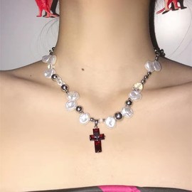 BSLVWG Cross Necklace for Women Men, Pearl Chain Cross Pendant Necklace Cross Chain Necklaces Hip Pop Jewellery Easter Gifts for Birthday Christmas Thanksgiving Day