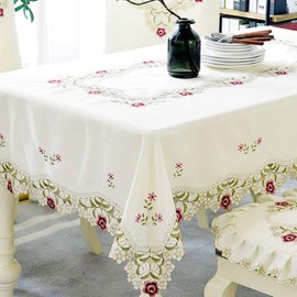 LeLehome 50" Square Flower Embroidered Lace Tablecloth, Floral Vintage Classic Table Cloth Cover for Home Dining Kitchen Decoration, Red Rose