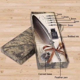 Antique Feather Calligraphy Pen Quill Feather Dip Pen 6 Metal Tips + Pen Nib Holder + Ink Tank Antique Calligraphy Writing Ink Dip Pen Gift Box Set (Black Colour)