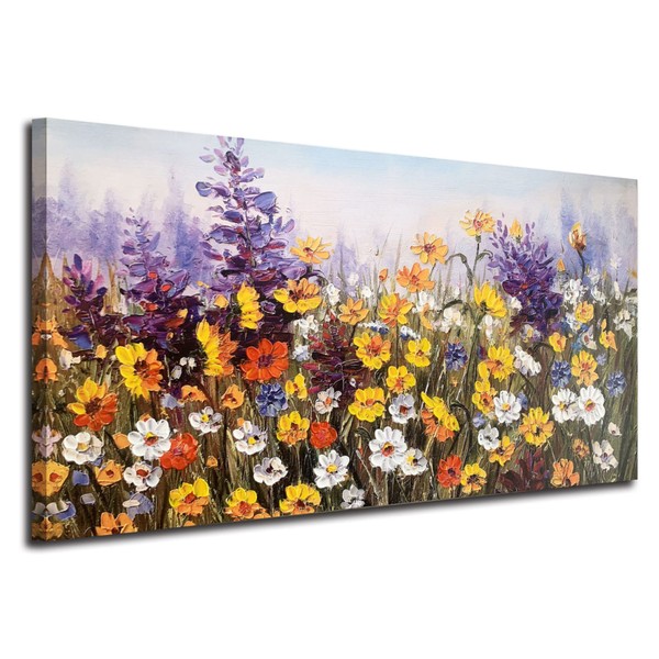Ardemy Flowers Wall Art Canvas Daisy Colorful Picture Modern Landscape Wildflower Painting, Purple Yellow Floral Extra Large Size 60"x30" Artwork Framed for Living Room Bedroom Home Office Wall Decor