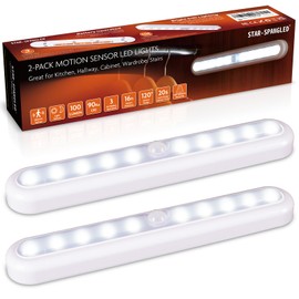 STAR-SPANGLED 11” Motion Sensor Lights Indoor AA Battery Operated, Stick on LED Light for Closet, Stairs, Under Cabinet, Kitchen, Cool White, 2 Pack