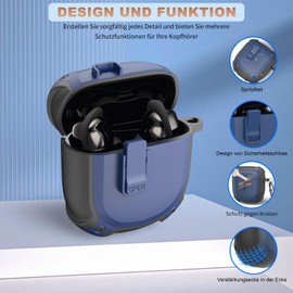 MOWYEOK Safety Lock Case Compatible with Bose QuietComfort Earbuds II 2022, Full Body Lightweight Shockproof Hard Case with Carabiner & Anti-Loss Cord - Blue