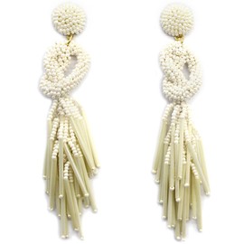 Handmade Beaded Solid Color Post Statement Earrings for Women All Season 4 inch Long (White Pearl)