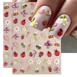 IDDFEVE Embossed Ladybug Nail Art Stickers - 5D Bees and Flower Insect Nail Decals for DIY Spring Summer Flower Manicure (2 Sheets)