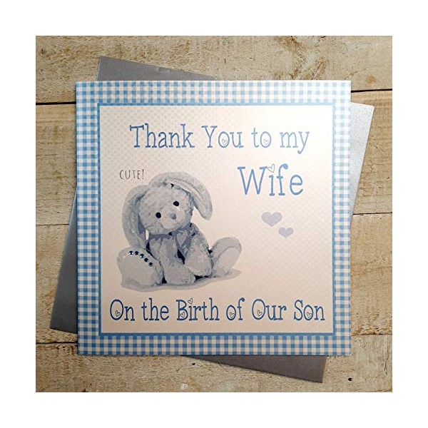 WHITE COTTON CARDS Thank You to My Wife On The Birth of Our Son, Handmade New Baby Card, Code XG69-W, Blue Gingham