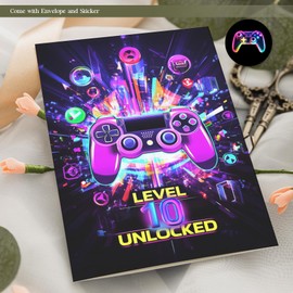 MOSSSH 10th Birthday Greeting Cards, Neon Video Game Themed Birthday Card for Boys, Envelope and Sticker