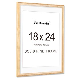 Fun Memories 18x24 Poster Frame, Solid Pine Wood Picture Frame with Tempered Glass, Handcrafted Minimalist 18x24 Wooden Frame Matted to 16x20 Photos, Horizontal or Vertical Wall Mounting, Natural