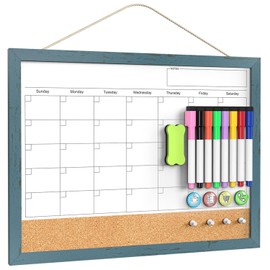 Whiteboard Calendar & Corkboard for Wall, 17"x13" Dry Erase Monthly Calendar with Wood Framed, Magnetic White Board Cork Board Combo, Calendar Bulletin Board for Home Office Kitchen Memo Planner