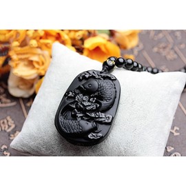 yigedan Natural Obsidian Silver Lotus Flower Dragonfly Fish Carp Pendant Necklace, No Gemstone