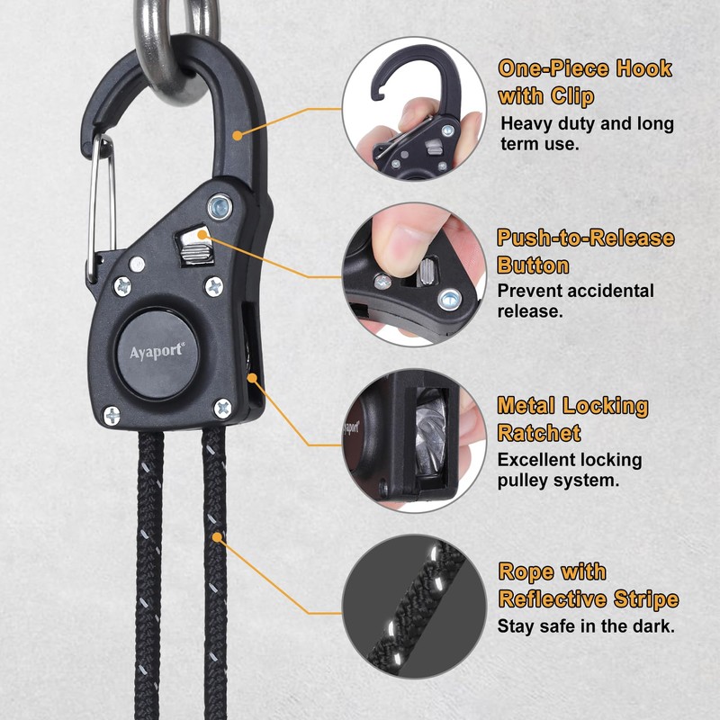 Ayaport Rope Ratchet Tie Down with Safety Lock Clip 1/4"
