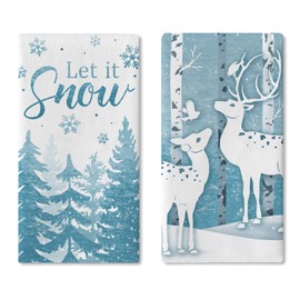 Croar Winter Wonderland Deer Kitchen Dish Towels Set of 2, Let It Snow Pine Tree Drying Hand Towels Baking Cooking Cloth, Christmas Seasonal White Birch Home Kitchen Decoration 18 x 26 Inch