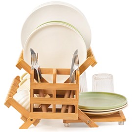 Oyydecor Bamboo Dish Drying Rack with Utensil Holder, 3 Tier Collapsible Dish Rack for Kitchen Counter, Large Folding Drying Holder, Dish Drainer, Kitchen Organizers and Storage