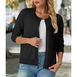 GRECERELLE Womens Summer Soft Cardigans Knit Lightweight Long Sleeve Ladies Black Cardigan Solid Crew Neck Jumper Casual Button Down Sweaters for Women UK，Summer Nights and Dating (Black, XL)