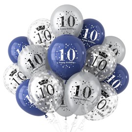 10th Birthday Balloons for Him Her, 10th Birthday Decorations for Boys and Girls Navy Blue Silver Latex Confetti Balloons, Happy 10th Birthday Balloons, 10th Anniversary 10 Years Old Party Supplies