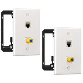 FGB 2 Pack Single Gang Ethernet Coax Wall Plate with Mounting Bracket, 1 Cat7 Shielded Ethernet Port and 1 Gold-Plated Coax F Type Port, 2 Port Female to Female Keystone Wall Plate