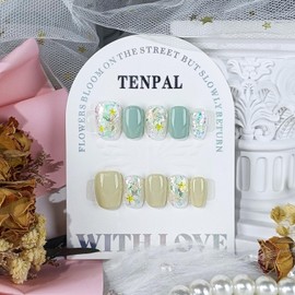 TENPAL Handmade Press on Nails Short Square Spring Summer Olive Green Nails Glue on Dopamine Mint Mambo Style Fake Nails with Butterfly Glitter Glossy False Nails with Jelly Glue Full Cover Tips(L)