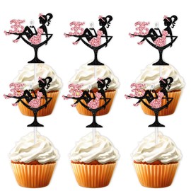 18pcs Pink Glitter 35 Silhouette High Heeled Sitting Girl Cupcake Topper Makeup Spa Theme Party Decoration Supplies Girl Lady Women 35th Happy Birthday Party Decor Supplies