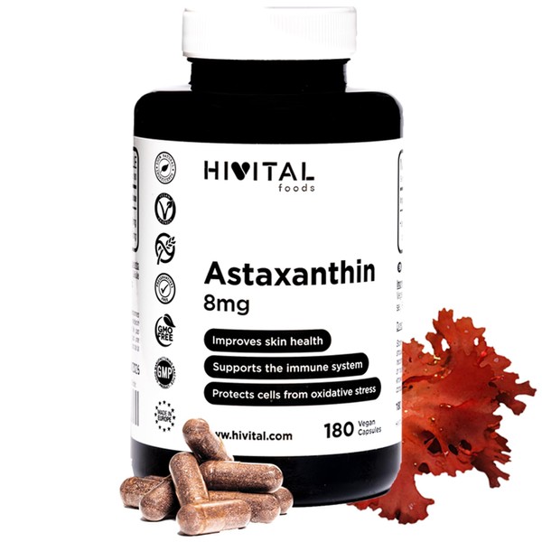 Astaxantina pura 8 mg da 160 mg di alga naturale Haematococcus Pluvialis al 5% in Astaxanthin. 180 capsule vegane per 6 mesi. Antiossidante cellulare per migliorare la pelle e il sistema immunitario.