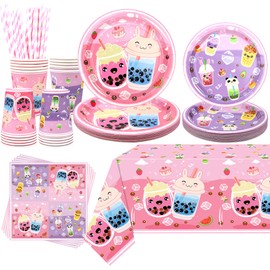 Obussgar Pearl Tea Party Decorations, Pearl Tea Party Supplies Includes Plates, Cups, Cloths, Tablecloth, Straws for Girls Birthday Party Decorations (20)