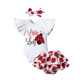 ADIFUN Baby Girl Clothes,0-3 Months Baby Girl Summer Clothes Outfit,Baby Girl Romper Sets little lady Ruffle Short Sleeve Top + Seven-star ladybug Shorts+ Bow Hairband 3Pcs Set
