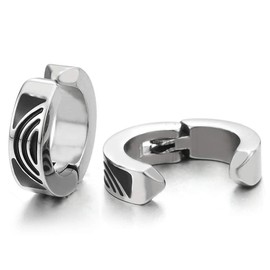 2 Men's Women's Stainless Steel Silver Black Hoop Earrings Huggie Ear Cuff Earrings with Fingerprint Fake Piercing Click-on, Stainless Steel, No Gemstone