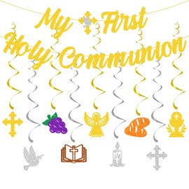 My First Holy Communion Banner First Communion Hanging Swirls My First Communion Decorations Christening Sign Party Decorations for Christian Boys Girls Baby Shower Party Supplies Gold