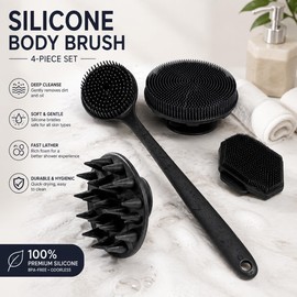 Juego de 4 cepillos exfoliantes multifuncionales de silicona: diseño de doble cara para la limpieza de la espalda y la ducha, accesorios para el baño del hogar