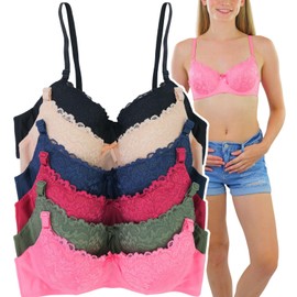 ToBeInStyle Women's Pack of 6 Full Coverage Padded Bras - Floral Front Lace W/Underwire - Dark Assortment - 40C