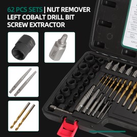 62Pcs Screw Extractor Set with Left Hand Drill Bit, Bolt Extractor Kit for Damaged and Rusty Screws