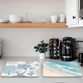 Beach Dish Mat Drying Kitchen Mat 2 Pack Sea Conch Shells Starfish Ocean Coral Absorbent Draining Pad, Coffee Bar Mat Accessories Fit Under Espresso Machine Maker, Quick Dry Mat Non-slip 20"x12"