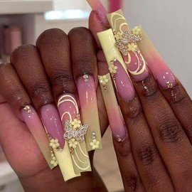 Vezocim Press on Nails Long Coffin French Tips 24Pcs Glossy Full Cover Acrylic Square Yellow False Nails with Flower Butterfly Designs Ballerina Extra Long Artificial Fake Nails with Charm for Women