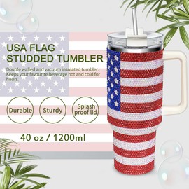 40oz Tumbler with Handle-Glitter Tumbler, Rhinestones Tumbler Bling Cups Stainless Steel Water Bottle Diamond Studded Tumbler for Women-Birthday Gifts for Women, Mom, Wife, Girlfriend (Usa Flag)
