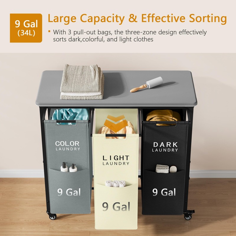 Gewudraw 3 Section Laundry Sorter with Ironing Board, Laundry Hamper