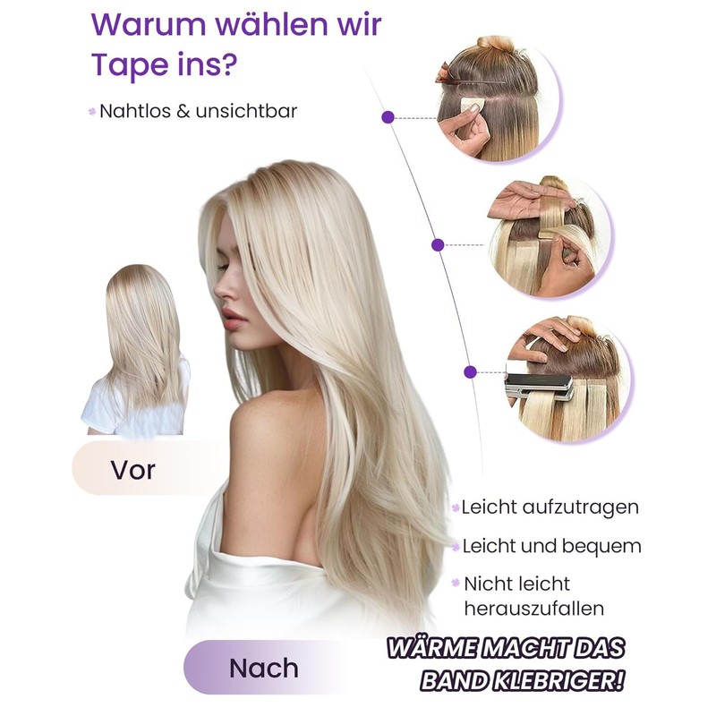 LaaVoo Tape Extensions, Real Hair, 40 cm, Invisible Hair Extensions,