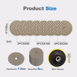 HIGHDRIL 10PCS Dry Diamond Polishing Pads Kit-8PCS Grits Grinding Discs(#50*3+100*3+200*2)+Pad Attachment+Adapter for Granite Stone Concrete Marble, 4 Inch Polisher Wheel Disc for Polisher & Grinder