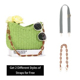Herald Small Handmade Straw Crossbody Bag for Women, Summer Chic Woven Handbag Shoulder Purse with Chain & Guitar Strap (Green)