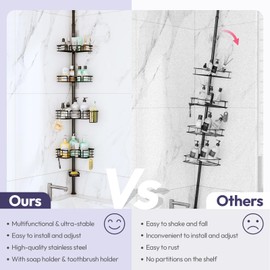 SWTYMIKI Shower Caddy Tension Pole - 4-Tier Corner Shower Organizer Tension Rod with Soap Holder, Toothbrush Holder & 4 Hooks, Adjustable Stainless Steel Bathroom Organizer 27.6 to 108.3 inch, Black