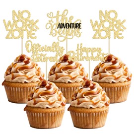 24 piezas de decoración para cupcakes jubilados oficialmente para tartas sin zona de trabajo, aventuras comienzas para magdalenas, tema de jubilación, despedida, fiesta, cumpleaños, decoración de pasteles, suministros de oro