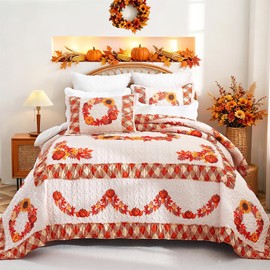 Cmfshape King Size Quilt Set Thanksgiving,Fall Pumpkin Pattern Printed Bedding Set,Reversible Plaid Bedspread Coverlet 3PCS,Home Decor for Halloween(Orange,106x96)