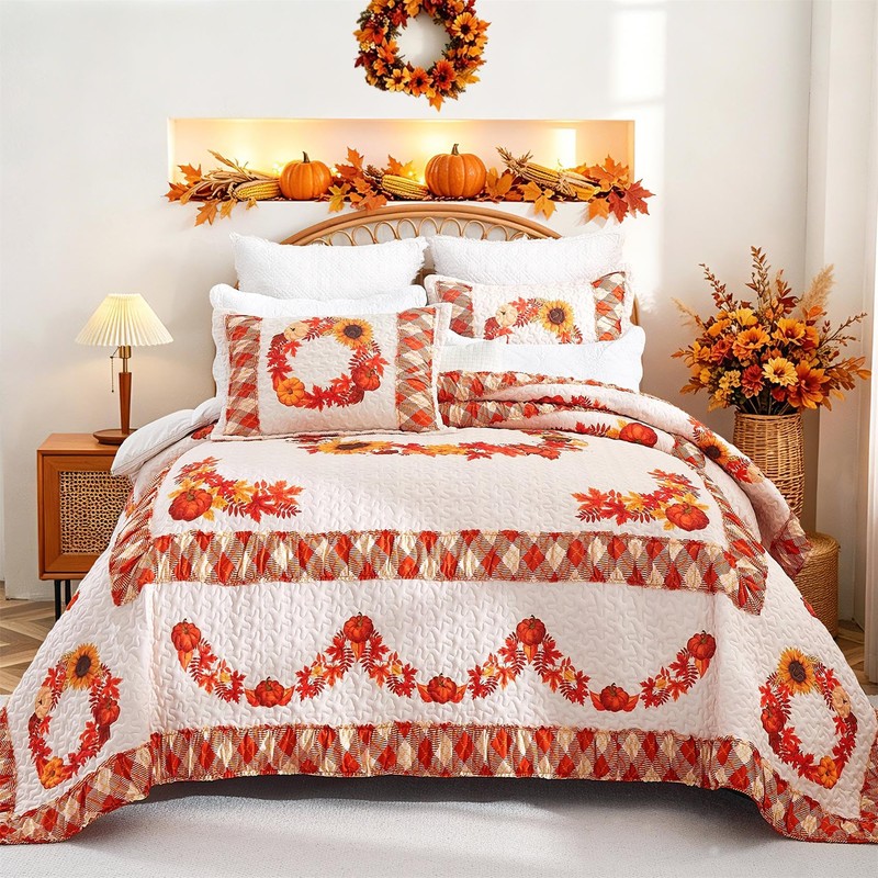 Cmfshape King Size Quilt Set Thanksgiving,Fall Pumpkin Pattern Printed Bedding